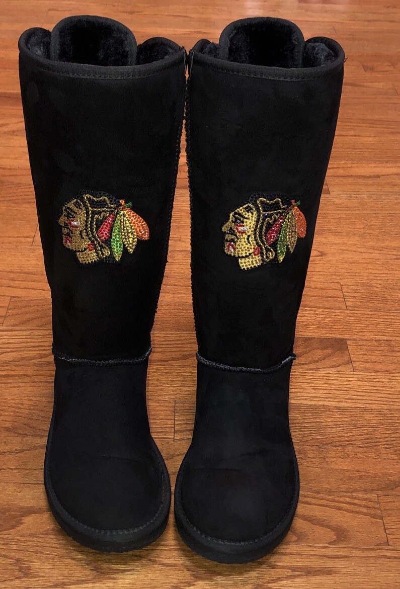 Chicago Blackhawks Womens 8 Boots Black Beaded Embroidered Logo NHL Hockey