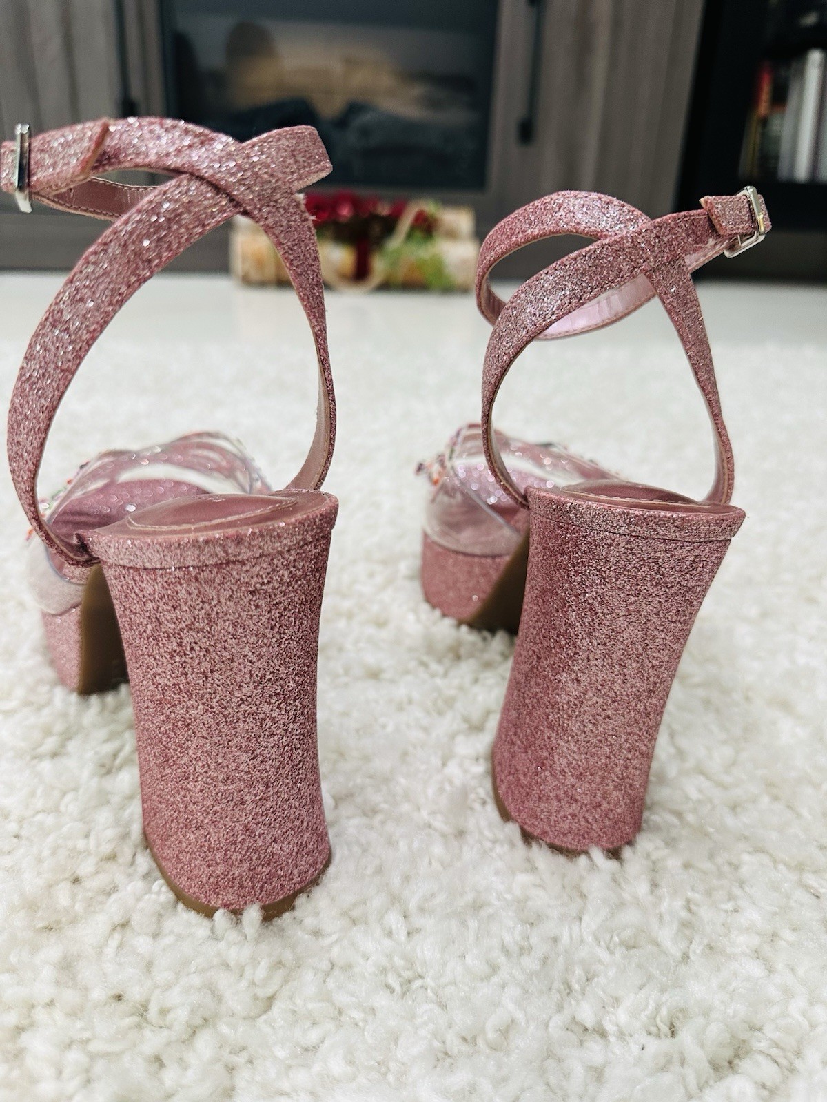 New Women’s Pink Glitter Platform Sandals with Rhinestone Butterfly size 7.5