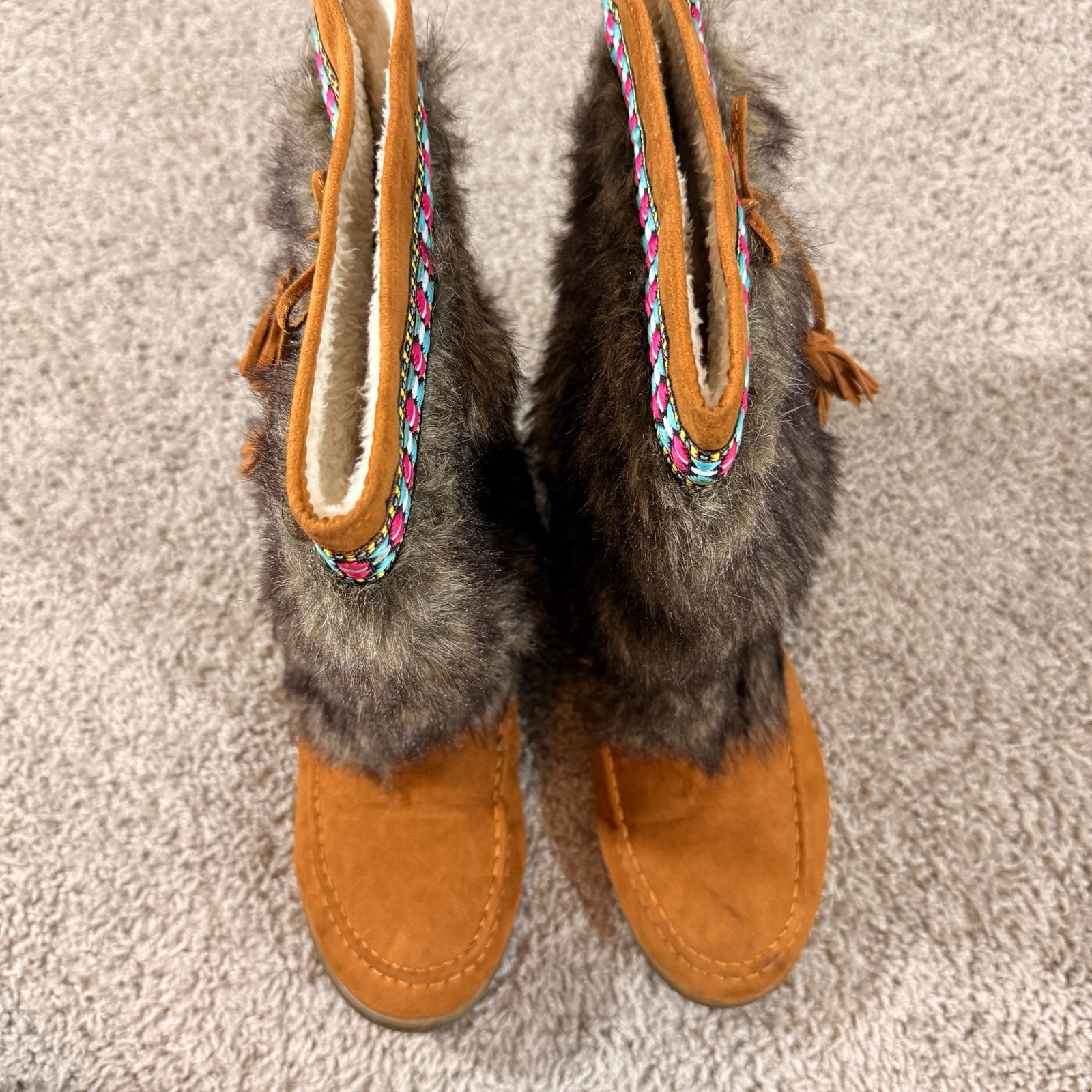 Call It Spring Faux Fur Winter Boots Tribal Tassel Brown Womens 10 EUC