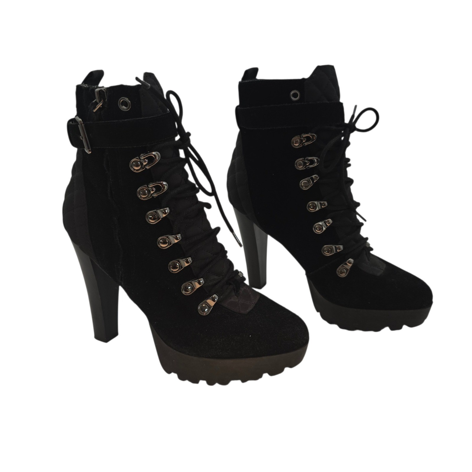 GUESS Black Quilted Lace Up Women’s Platform Ankle Boots Heeled Combat Size 7.5