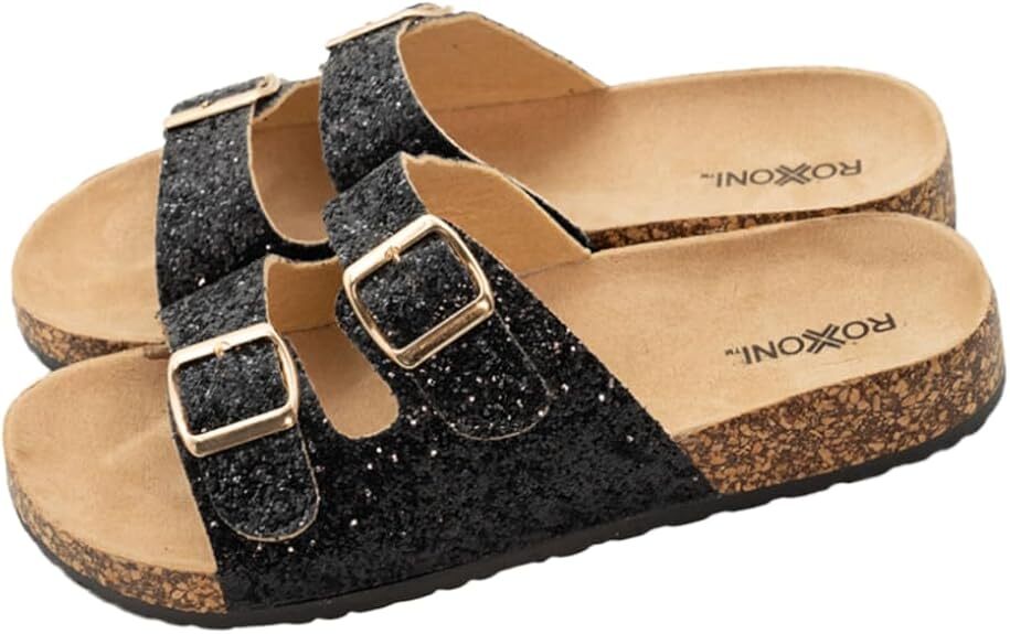 Very Peri Womens Glitters Comfort Flat Sandals Double Buckle Straps Flat Slides