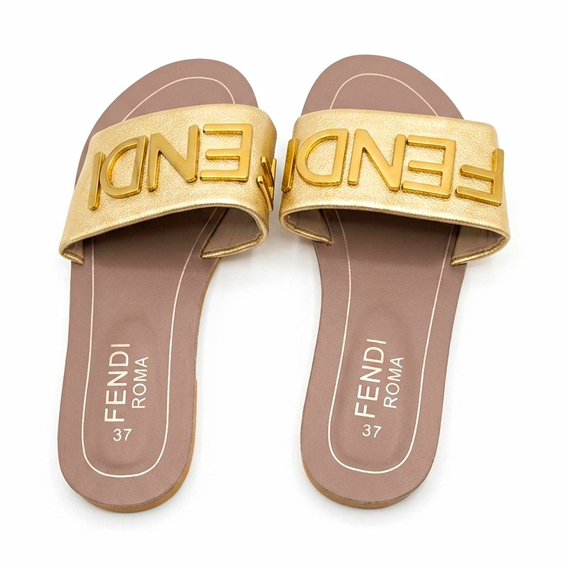 Fendi Women’s Gold/Brown Leather Slide Sandals Slip-On Strap US 7