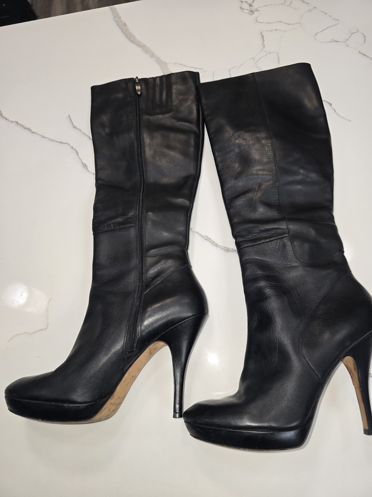 Via Spiga Black Leather Knee High Zip Boots Stiletto Round Toe Women’s 8M