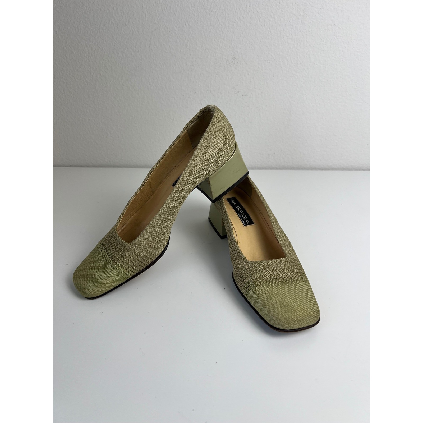 Via Spiga 90s Green Woven Square Toe Block Heel Pumps Made In Italy 9 M Preppy