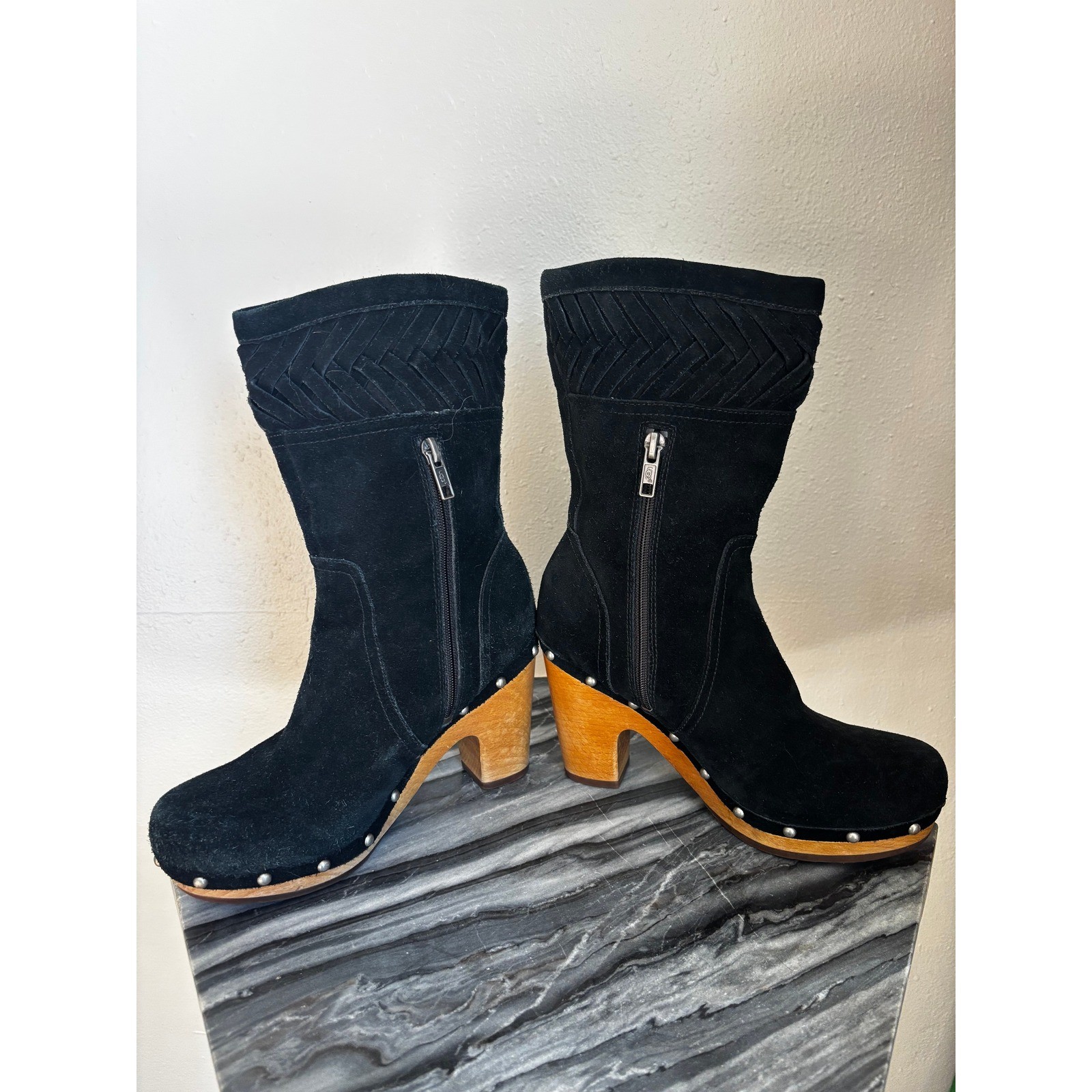 UGG Australia Black Suede Woven Clog Boots Wooden Block Heel Studded 7 Annaliza