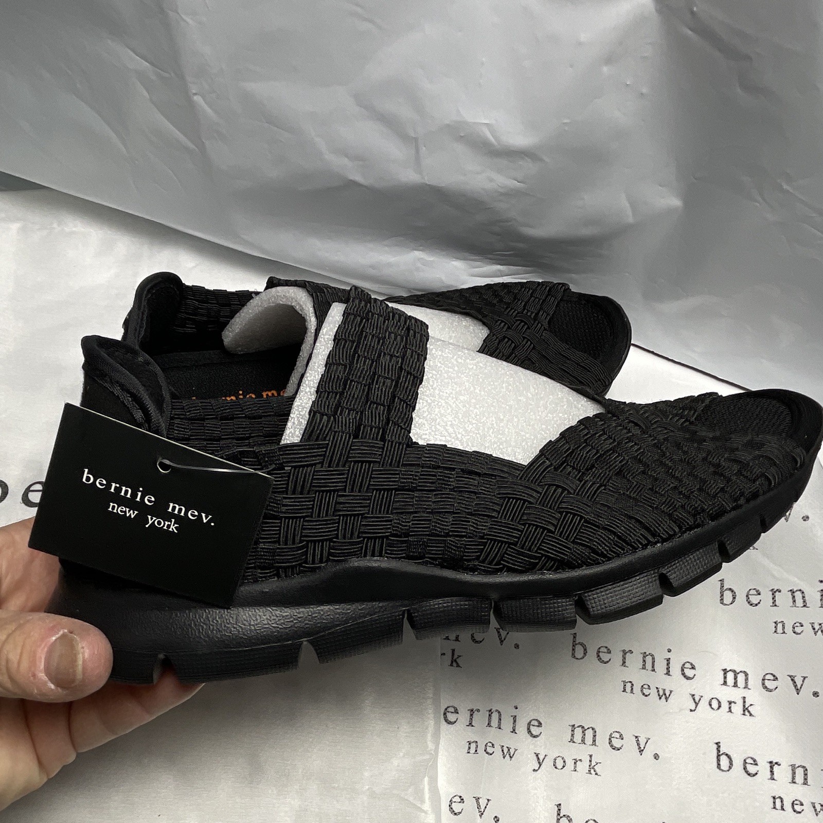 bernie mev. Women’s Strappy Sandals Black Woven Slip-On Vegan US 5 EU 36