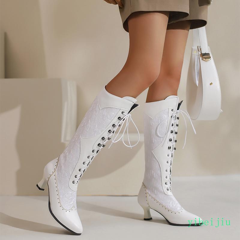 Mid Calf Boots Kitten Heel Casual Women’s Flower Knee High Shoes Plus Size Ladys