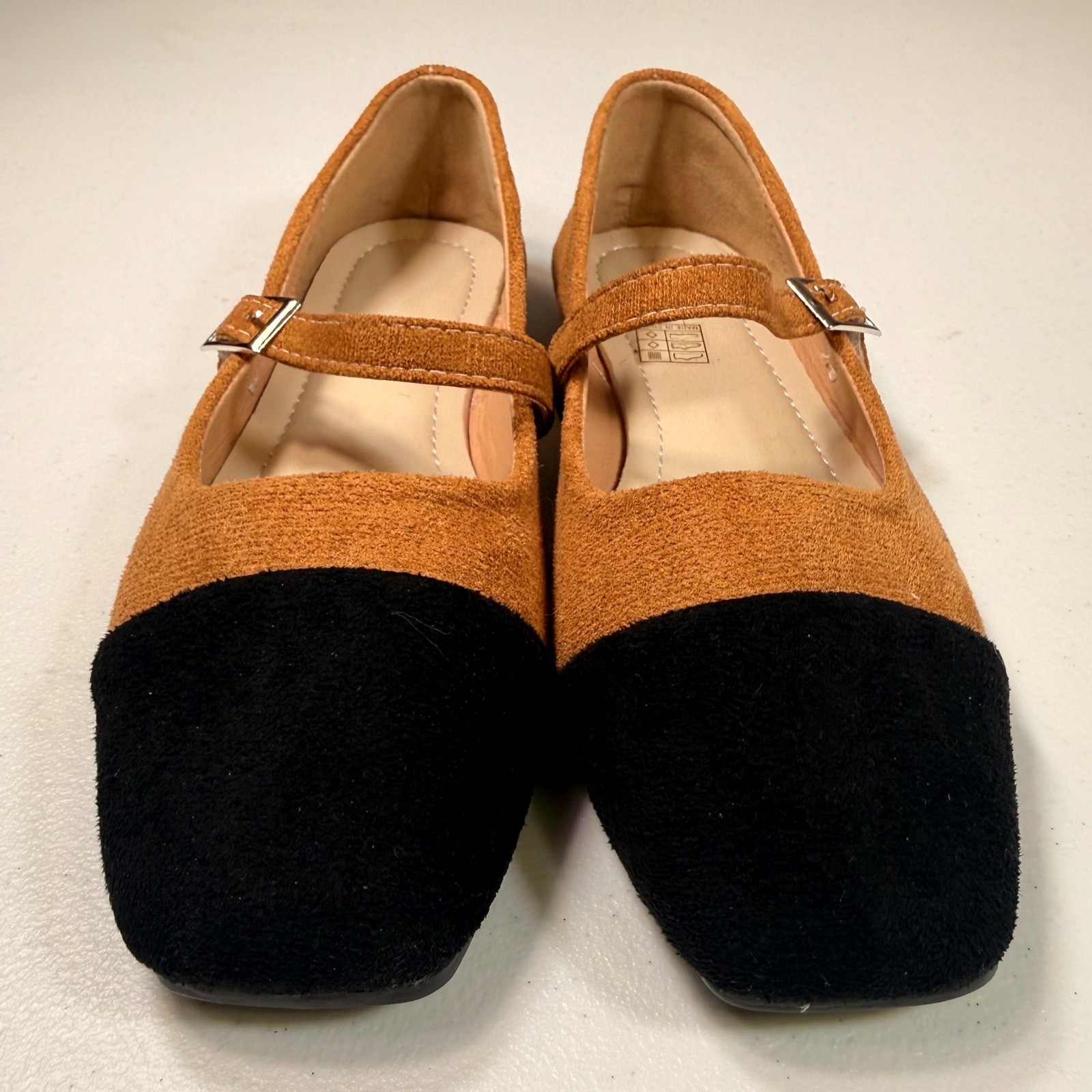 Two Tone Mary Jane Flats Cognac Black Cap Toe Square Toe Buckle Shoes Size 38