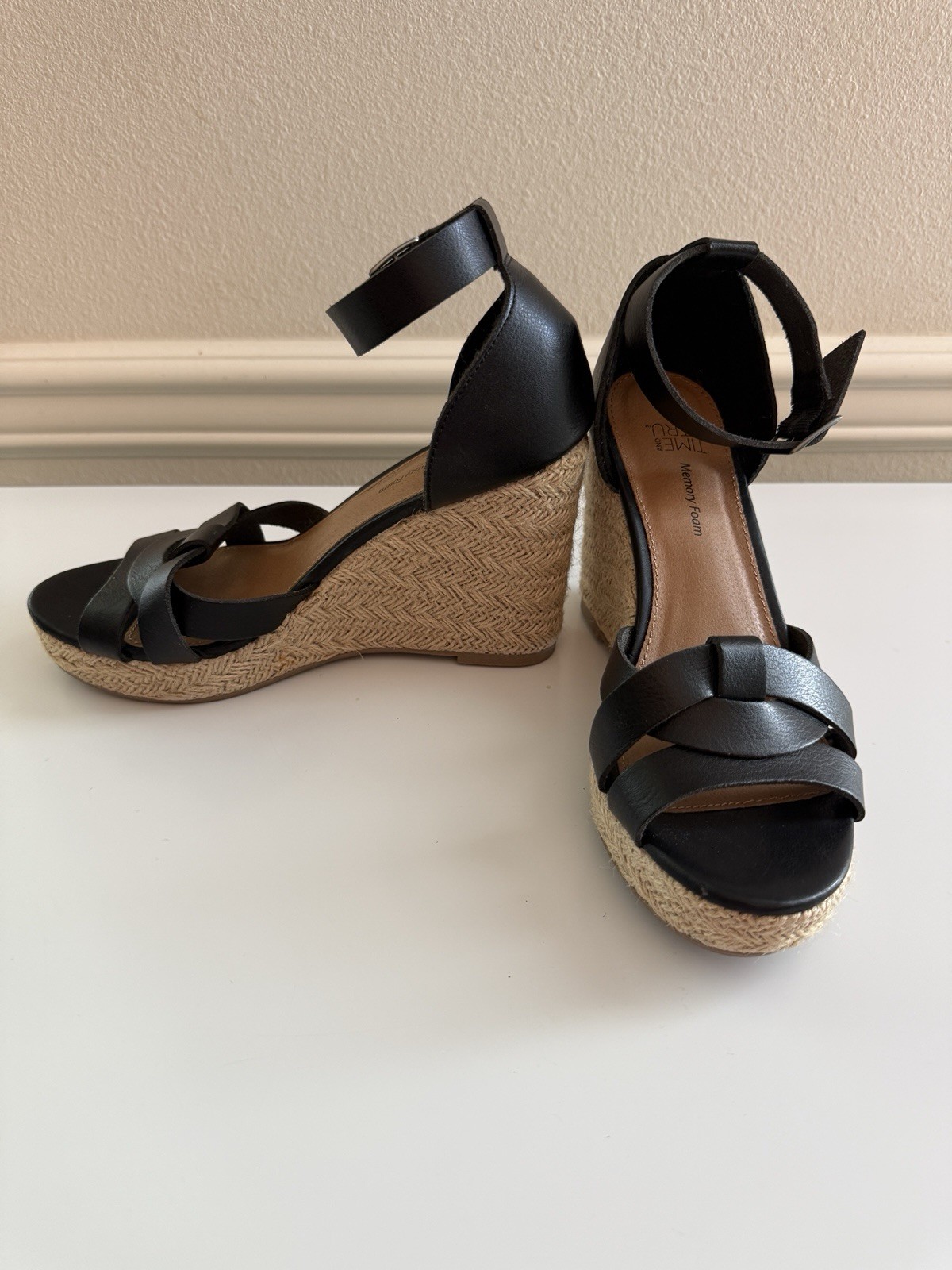 Black Espadrille Ankle Strap Buckle Sandals 7 by Time and Tru