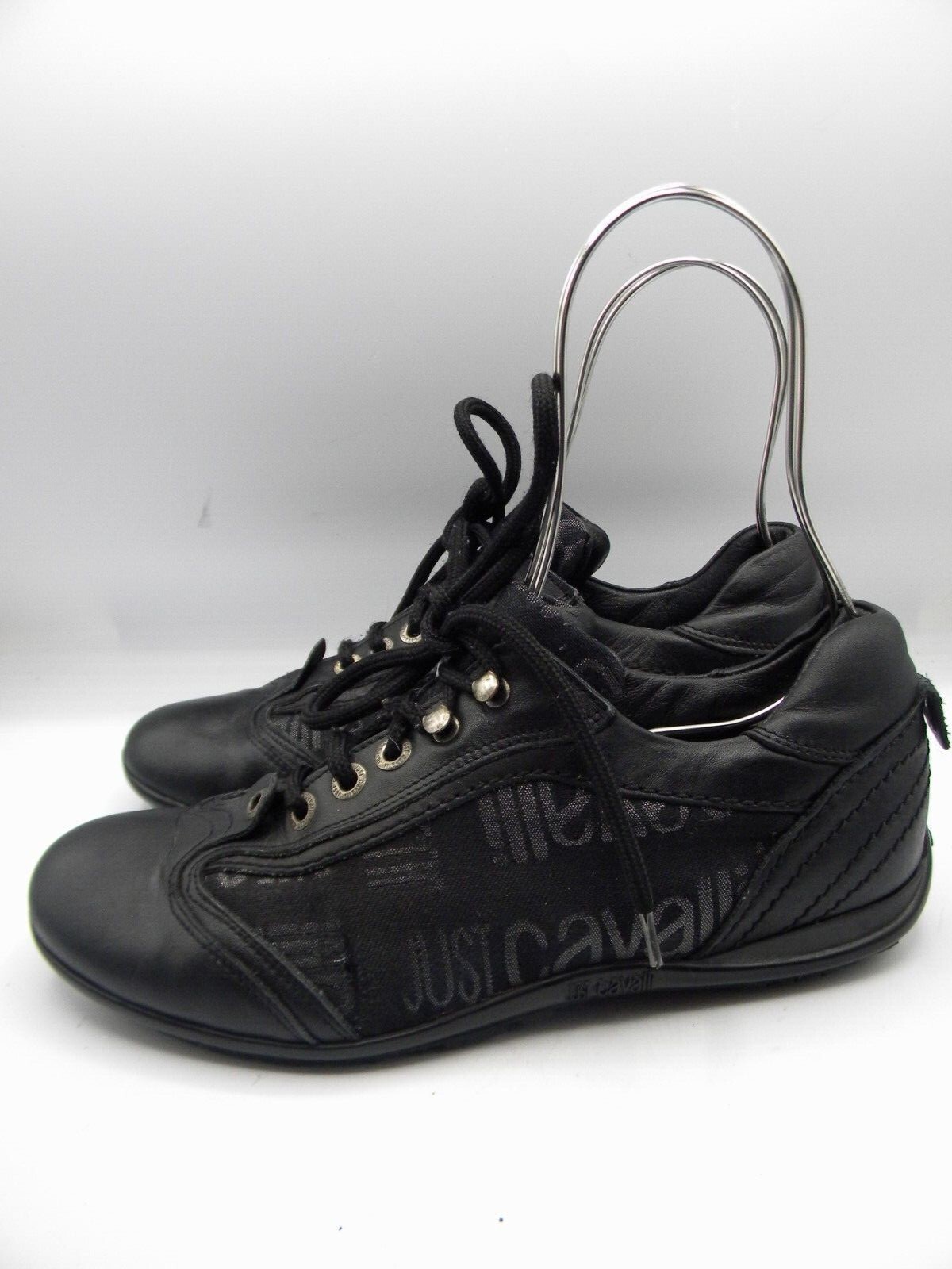 JUST CAVALLI Black Leather & Monogram Textile Low Top Sneakers Size 37