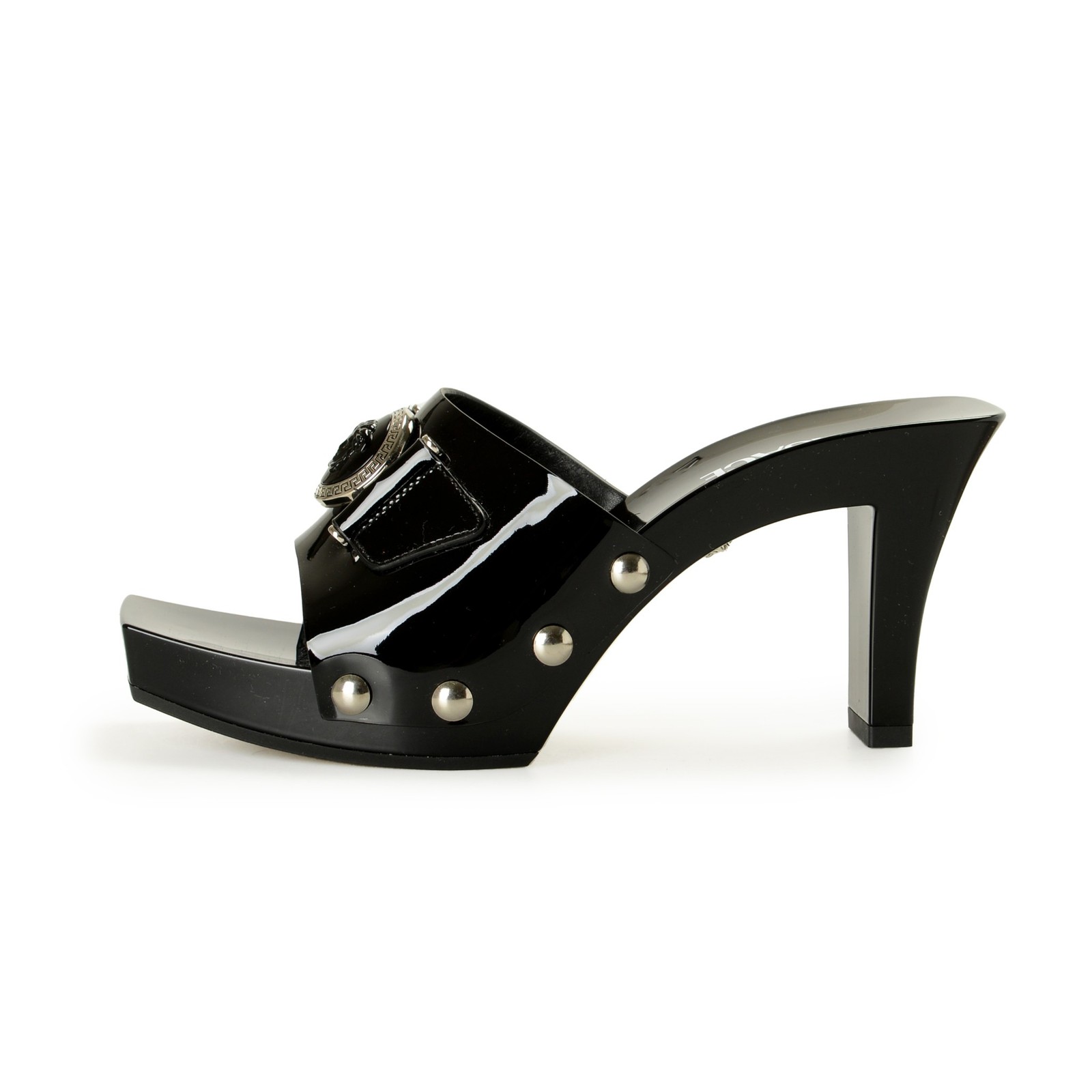 Versace Women’s Black Patent Leather Clog Mules Sandals Shoes US 6 IT 36