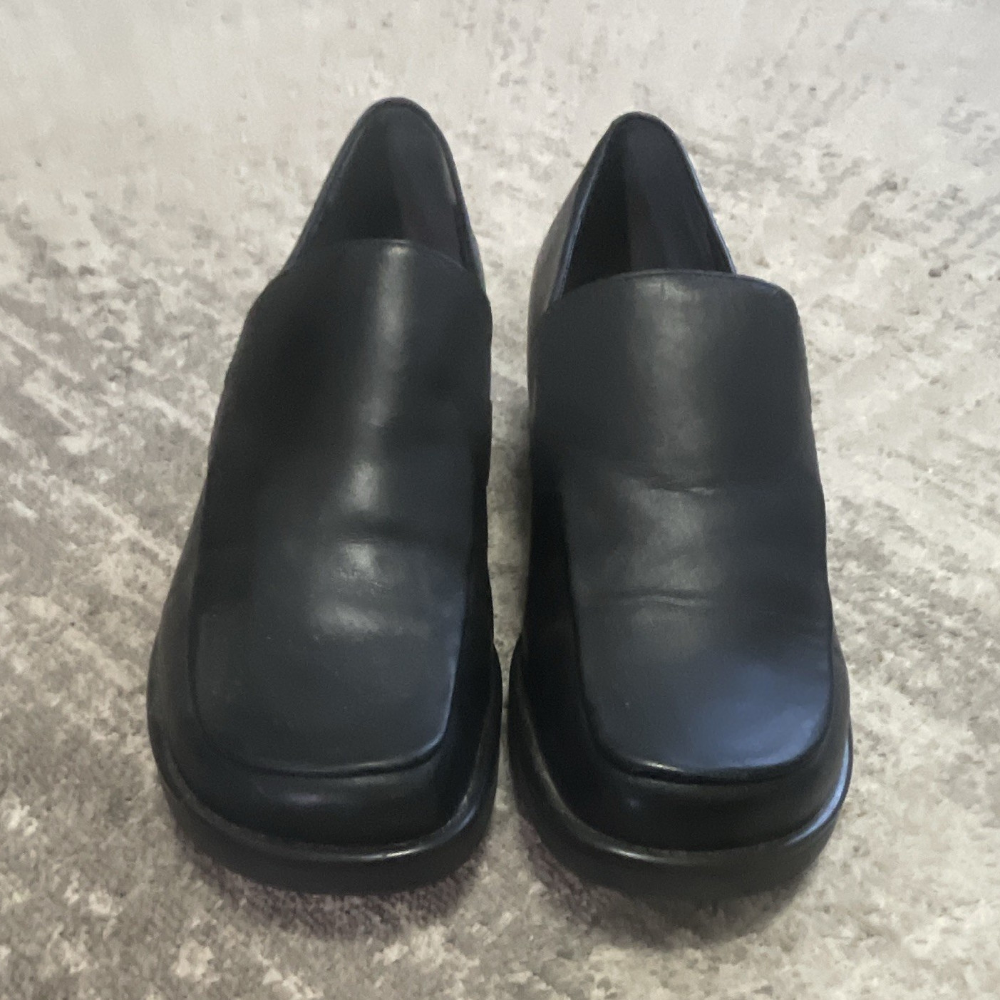 Franco Sarto Women’s Black Leather Slip-On Square Toe Wedge Loafers 7.5