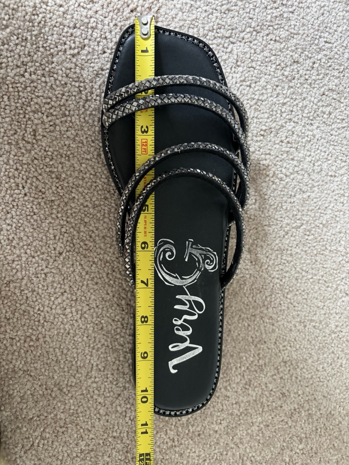 NWOT Very G Women’s Strappy Slip-On Sandals Black/Silver Rhinestone Size 10