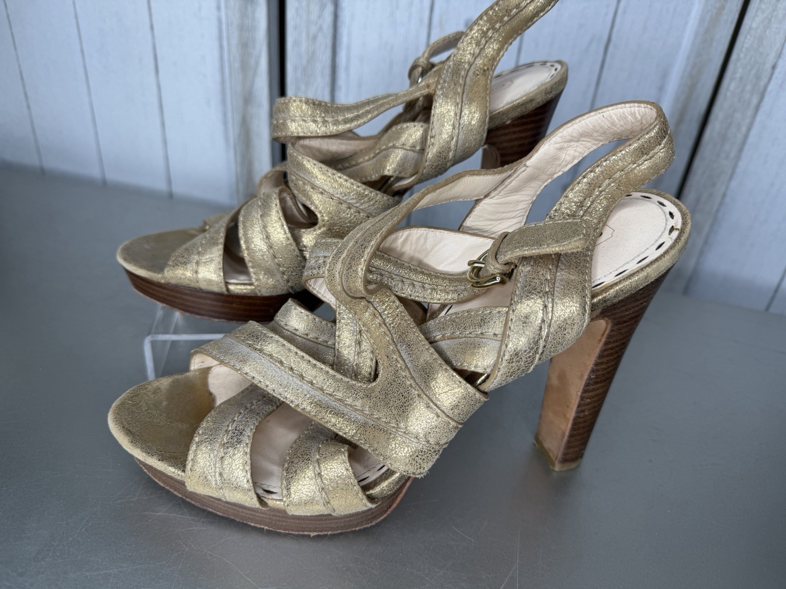 COACH Brynne Brushed Metallic Gold Leather Strappy Slingback Heel Size 10