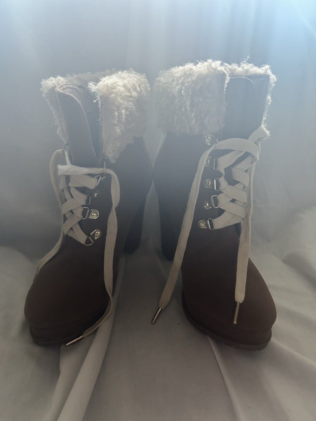 Women’s Shoedazzle Anneli Size 6 Cognac Furry Platform Lace Up Bloc Heel Bootie