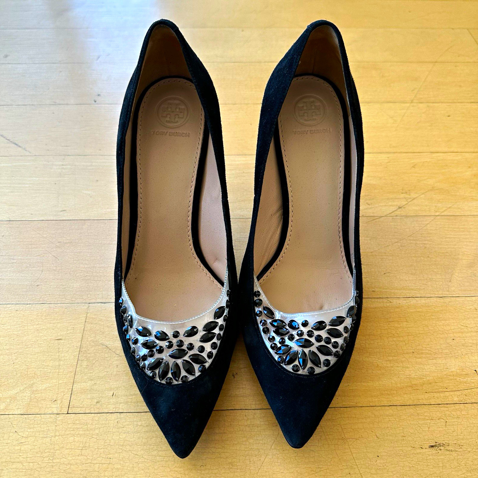 Tory Burch Black Suede Pointed Toe Studded Slip-On Stiletto Pumps 9.5M