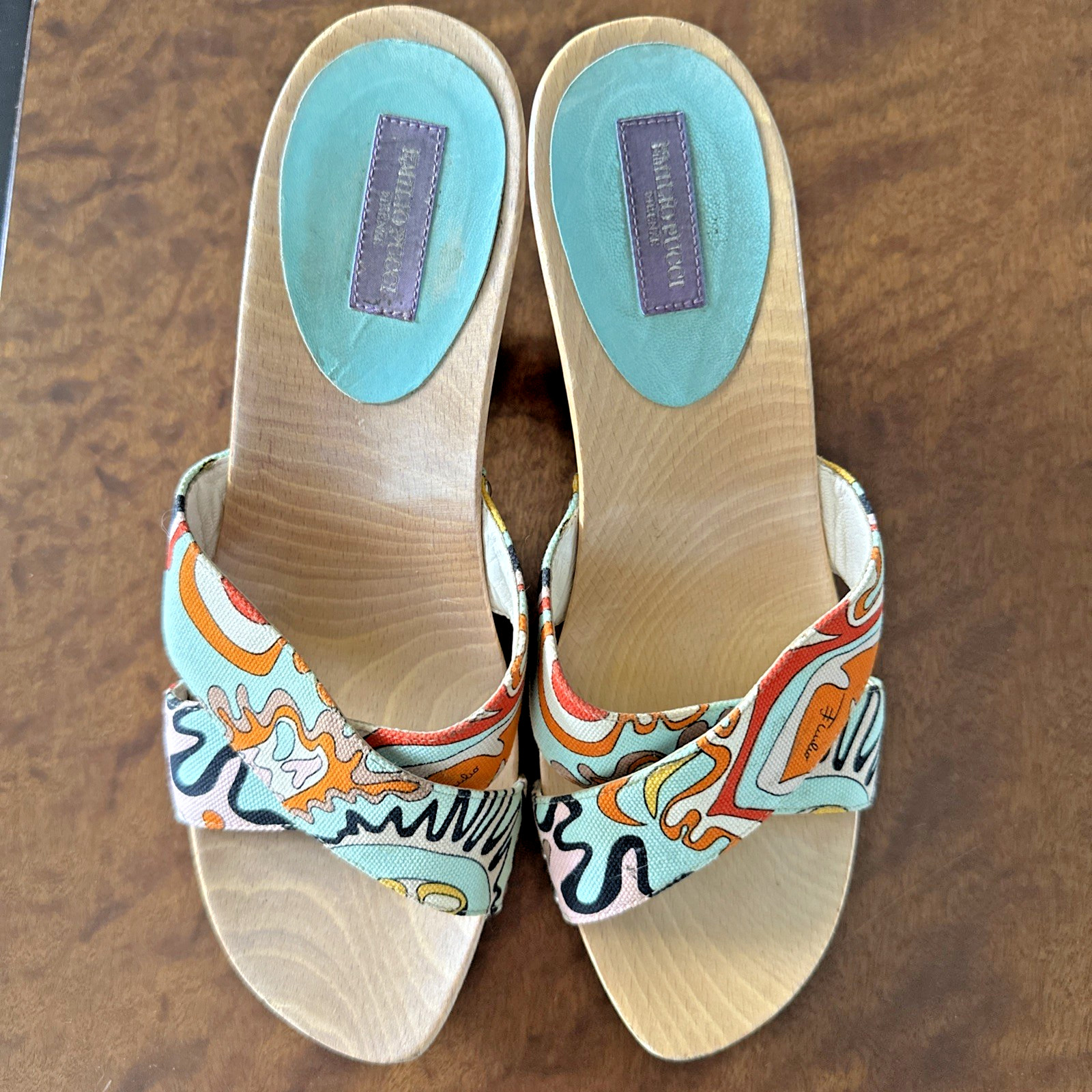 Emilio Pucci Wooden Wedge Sandals Multicolor Abstract Pattern Size 38 ITALY