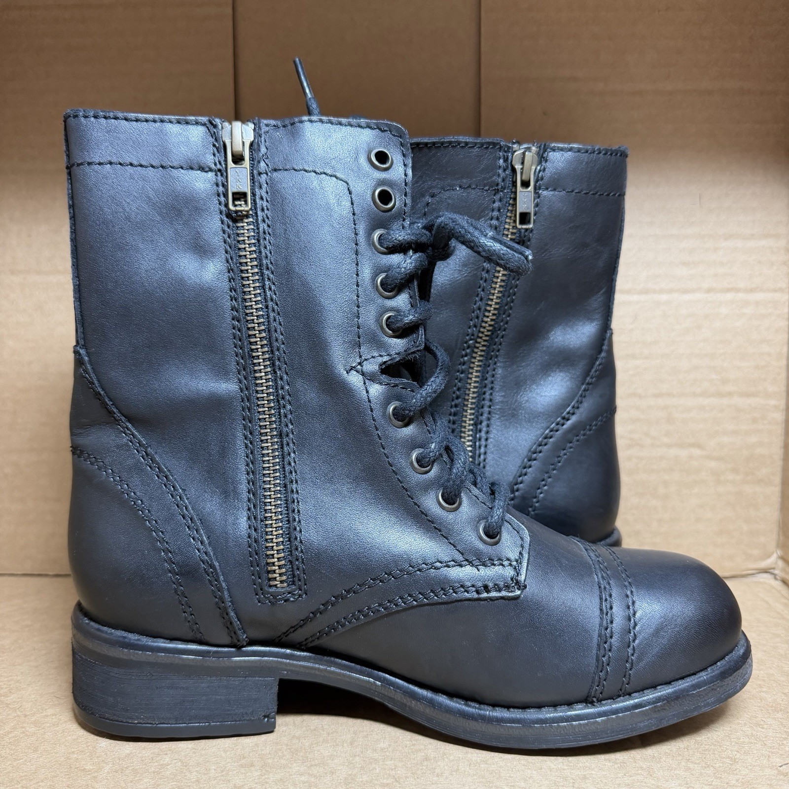 Steve Madden Troopa 2.0 Black Leather Zip Lace Combat Boot Size 7.5 W