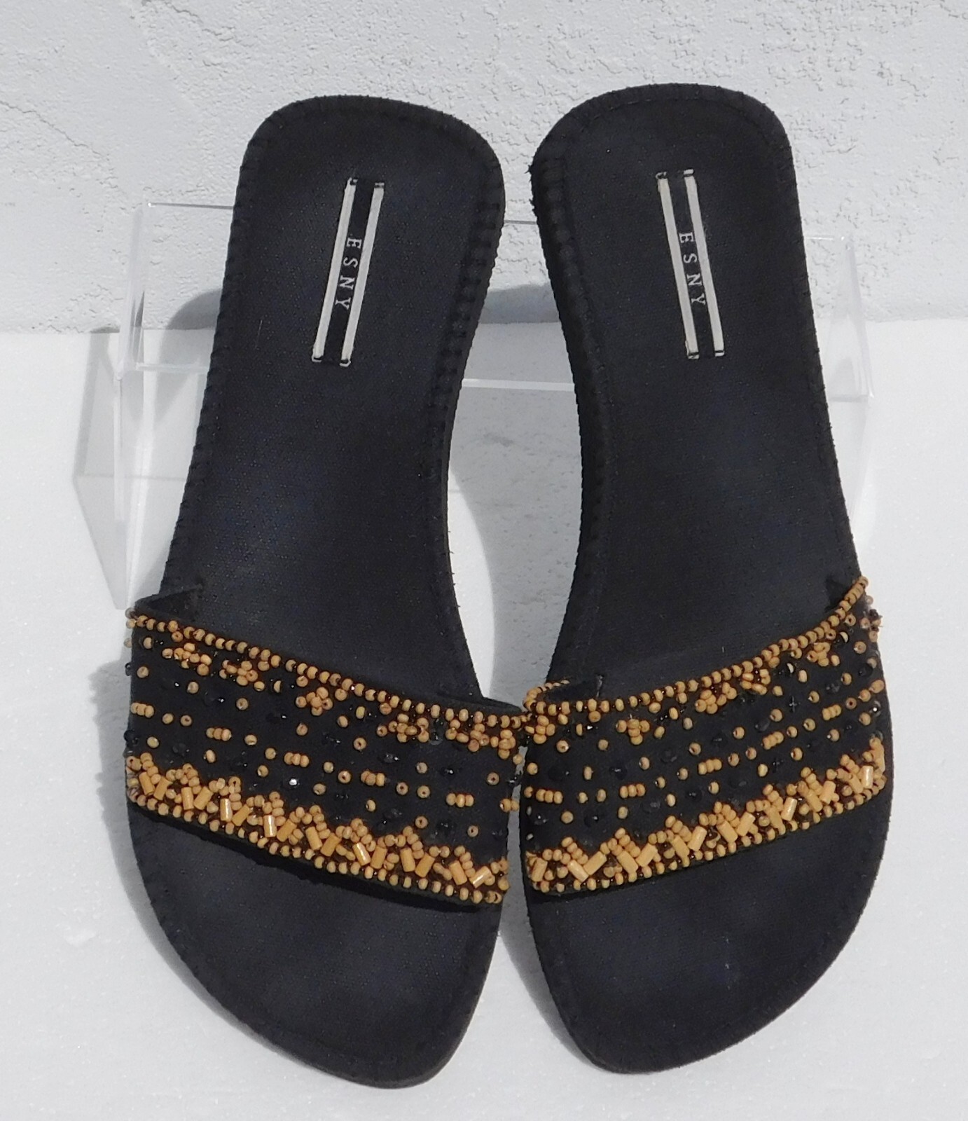 ESNY Sequin Beaded Slip On Mules Black Tan 9/10 Ladies Casual Party