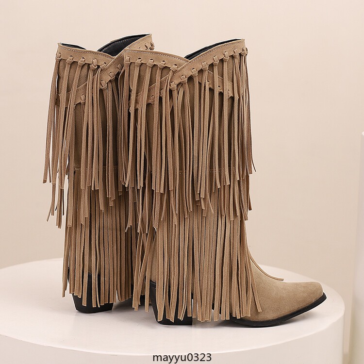 Womens Tassel Fringe Mid Calf Boots Mid Block Heel Western Cowgirl Shoes Hot