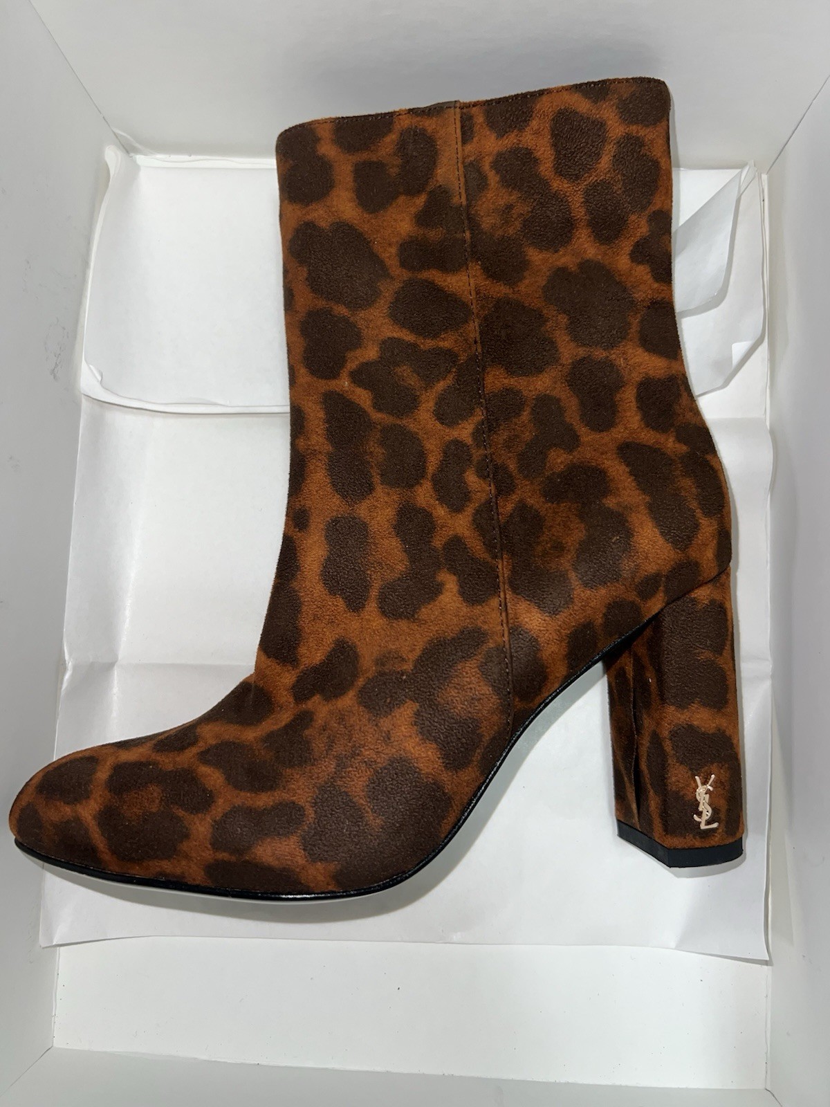 Saint Laurent Logo Animal Print Suede Inner Zipper Ankle Bootie Block Heel