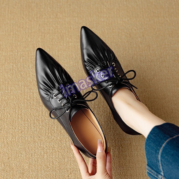 Womens Pointed Toe Real Leather 6.5cm Mid Stiletto Heel Lace Up Low Top Shoes Sz