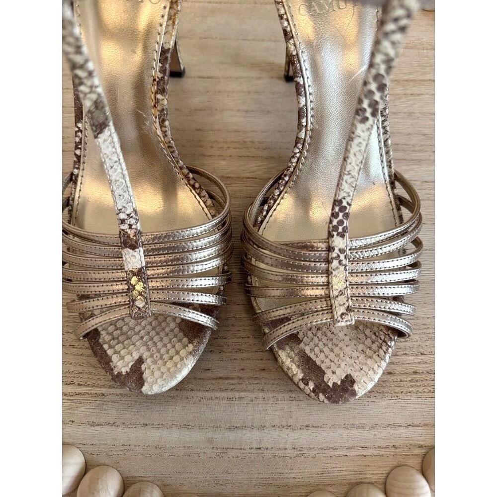 Vince Camuto Champagne Metallic Open Toe Stiletto 7B Embossed Leather 4″ Heels