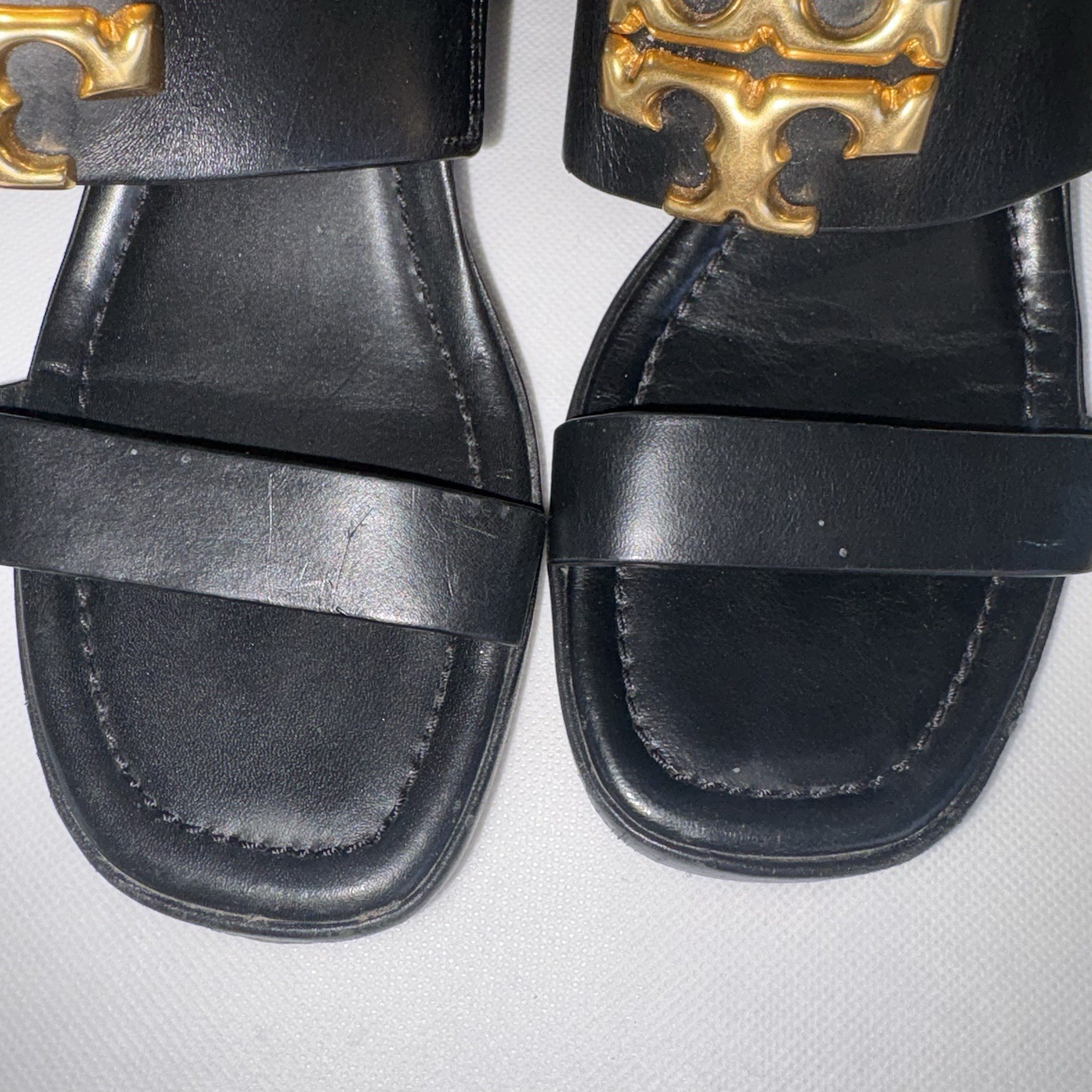 Tory Burch Eleanor Black Leather Block Heel Slingback Sandals US 6 Gold Logo