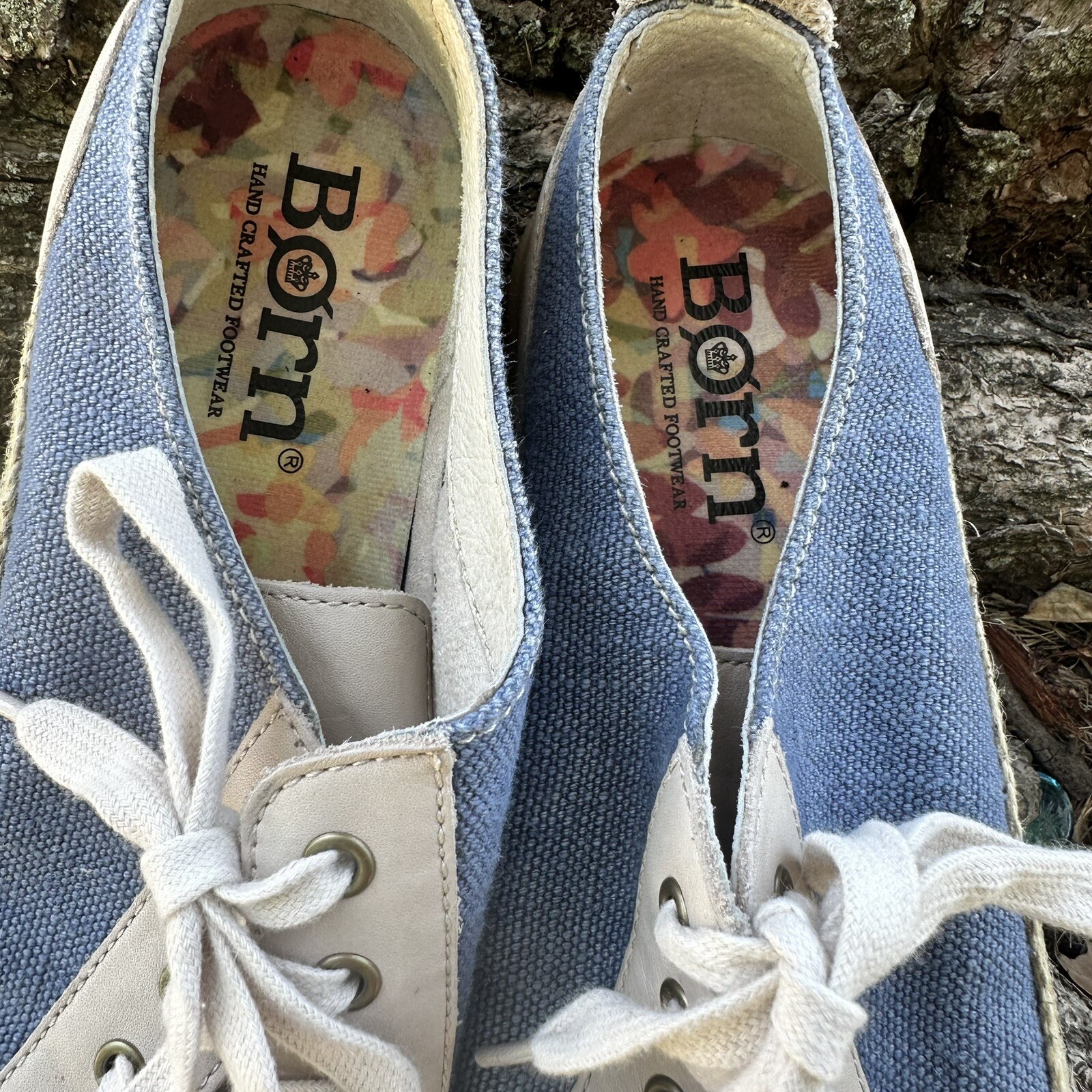 Born Corfield Blue Canvas Leather Espadrille Sneakers 9M Floral Insole Coastal