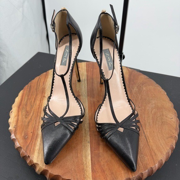 SJP Sarah Jessica Parker Carrie T strap heels black leather sz 41 US 11 4” 100mm