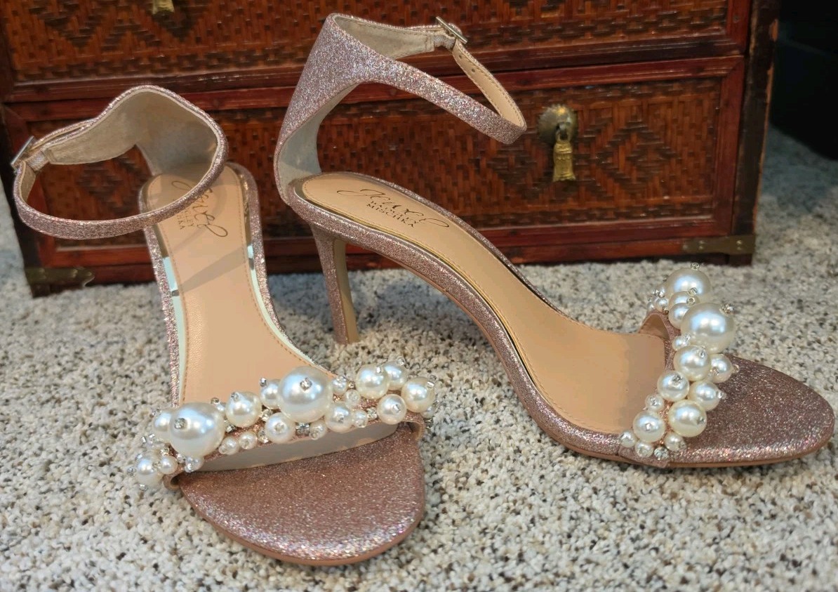 Jewel Badgley Mischka Heels Shoes 6.5 Pink Glitter Pearls RhinestonesAnkleStraps