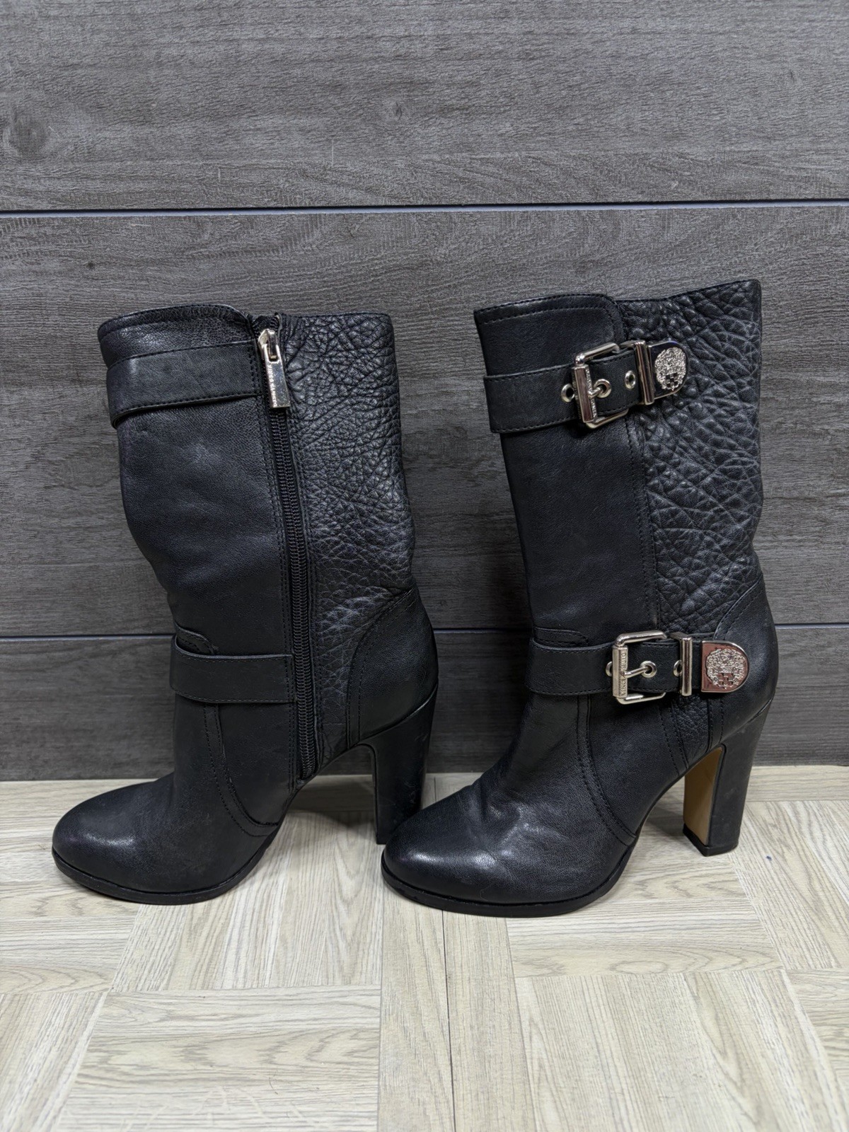 Vince Camuto Callison Buckle and Zipper Women 5.5 Black Leather Mid Calf Boots