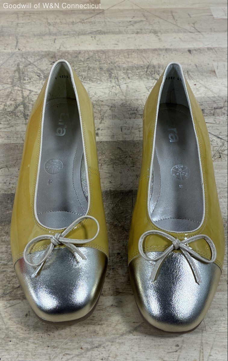 Ara Yellow Silver Metallic Cap Toe Bow Ballet Flats Women’s Size 8.5