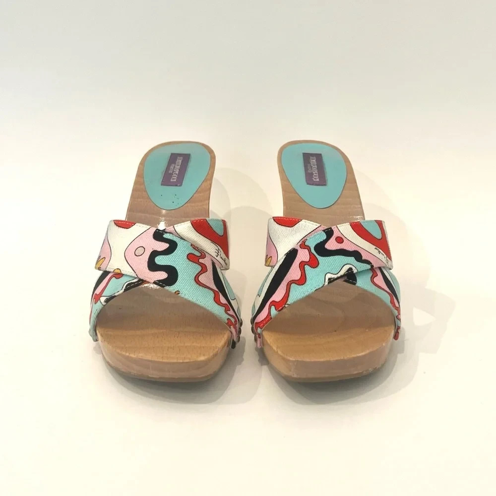 Emilio Pucci Wooden Wedge Sandals Multicolor Abstract Pattern Size 38 ITALY