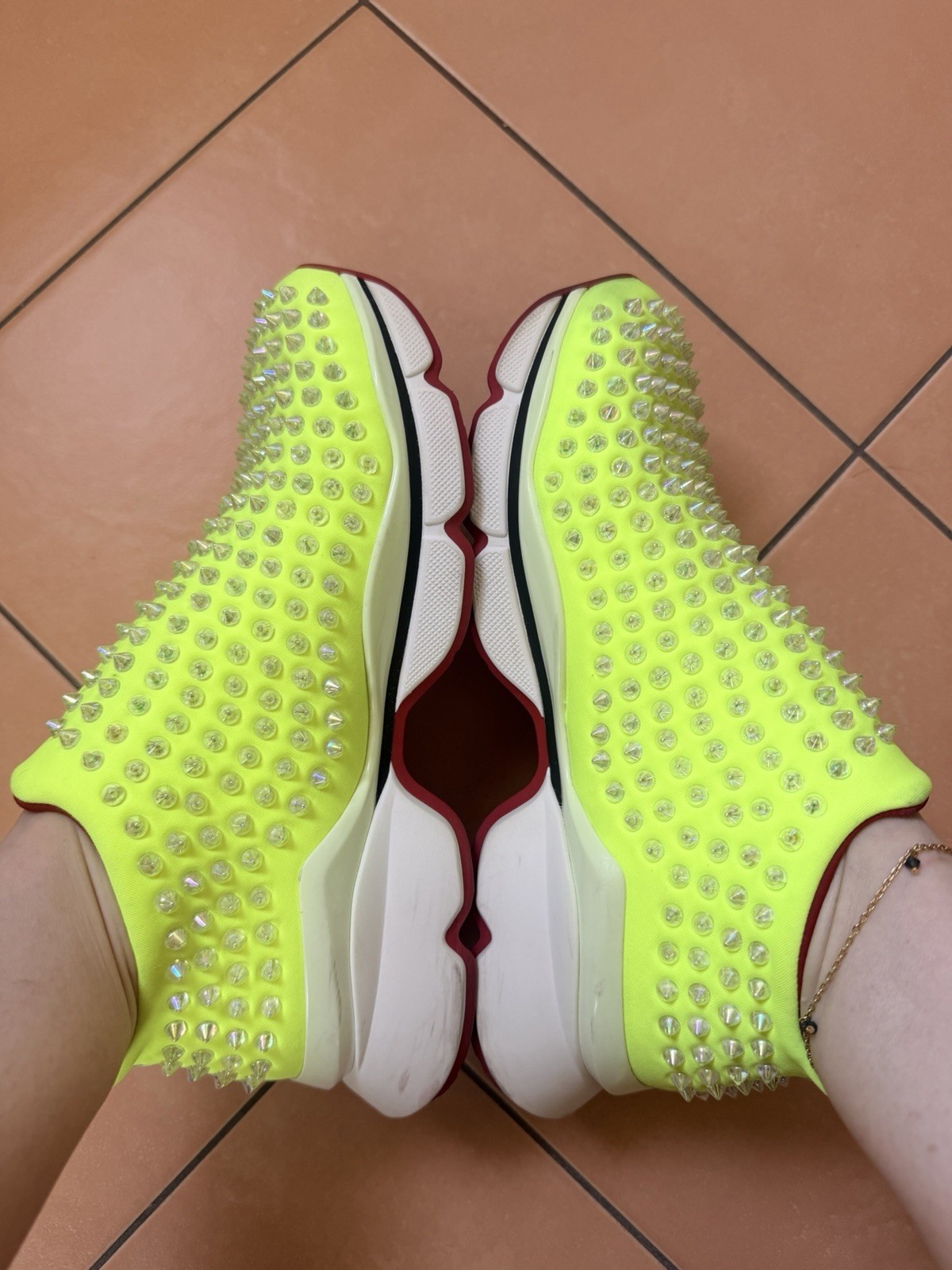 STUNNING CHRISTIAN LOUBOUTIN SPIKE SOCK ,slip-on sneakers in vibrant neon yellow