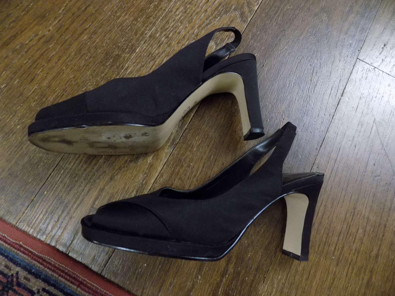 Sam & Libby Darla Black Satin Classy Slingback 3.25″ Heels Open Peep Toe 7.5 EUC