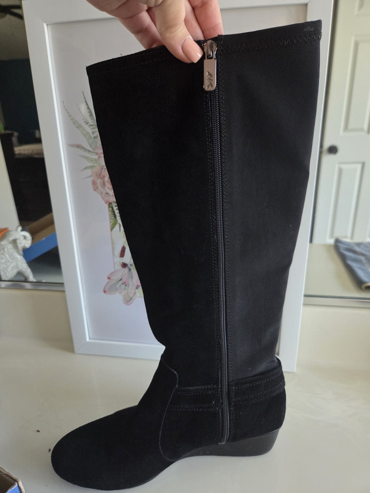 Anne Klein AKDRAFT Women’s Black Knee High Wedge Leather Zip Boots US 10 M