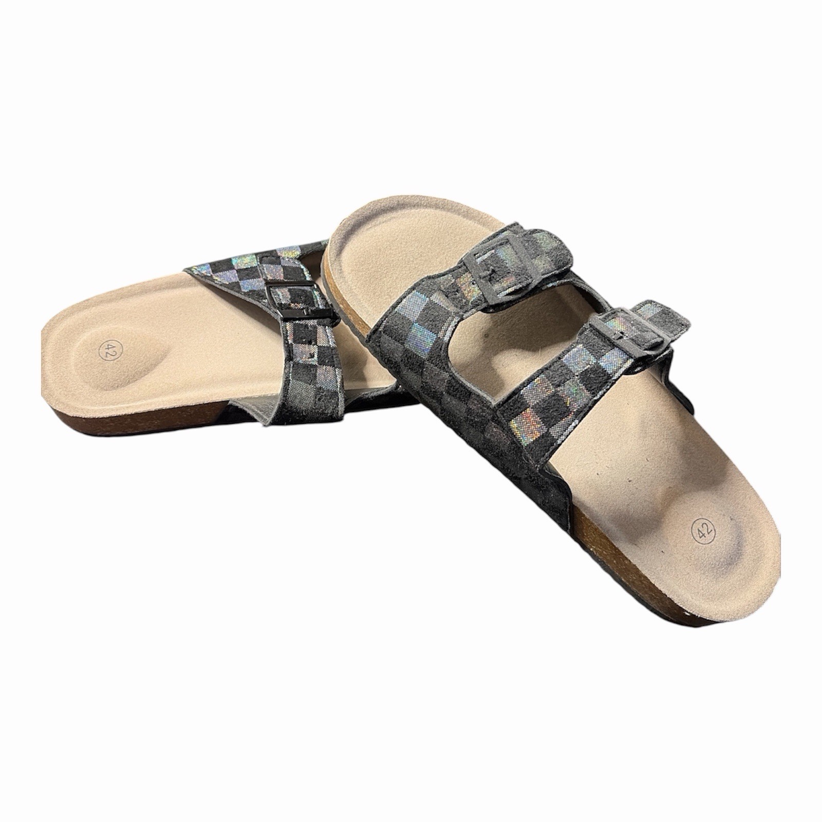 Women’s Check Buckle Slide Sandals Black/Silver Metallic Adjustable Straps EU 42