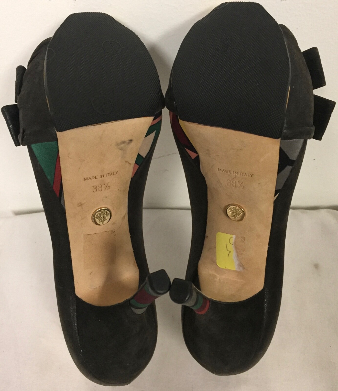 EMILIO PUCCI BROWN SUEDE FEEL W METALLIC PLATFORM PEEP TOE STILETTO PUMPS 38.5