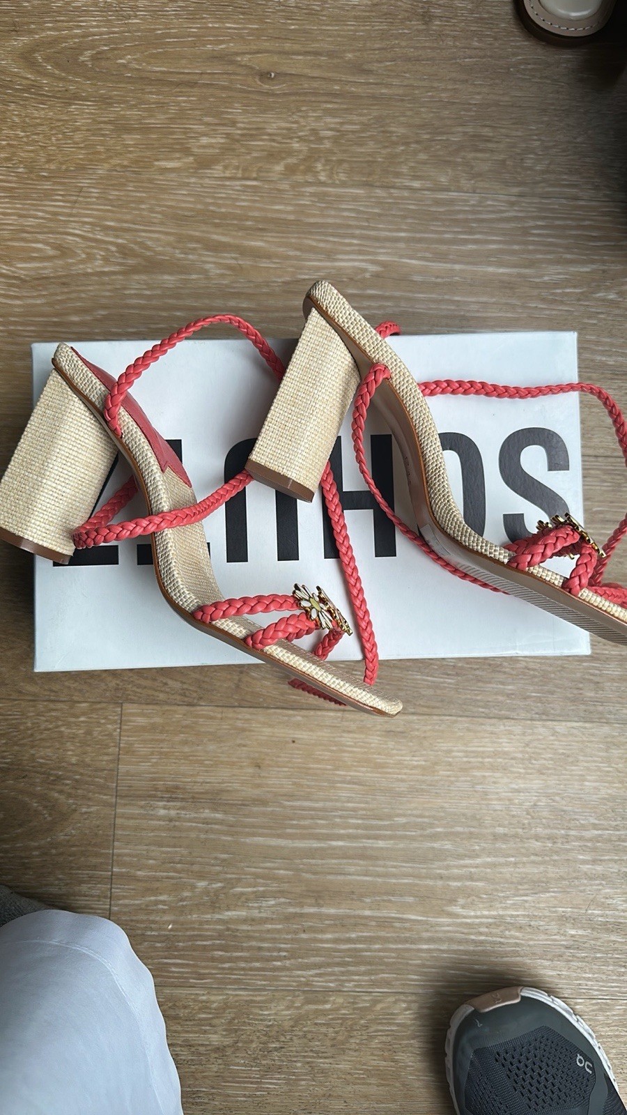 Coral Braided Strap Daisy Flower Heel NWT