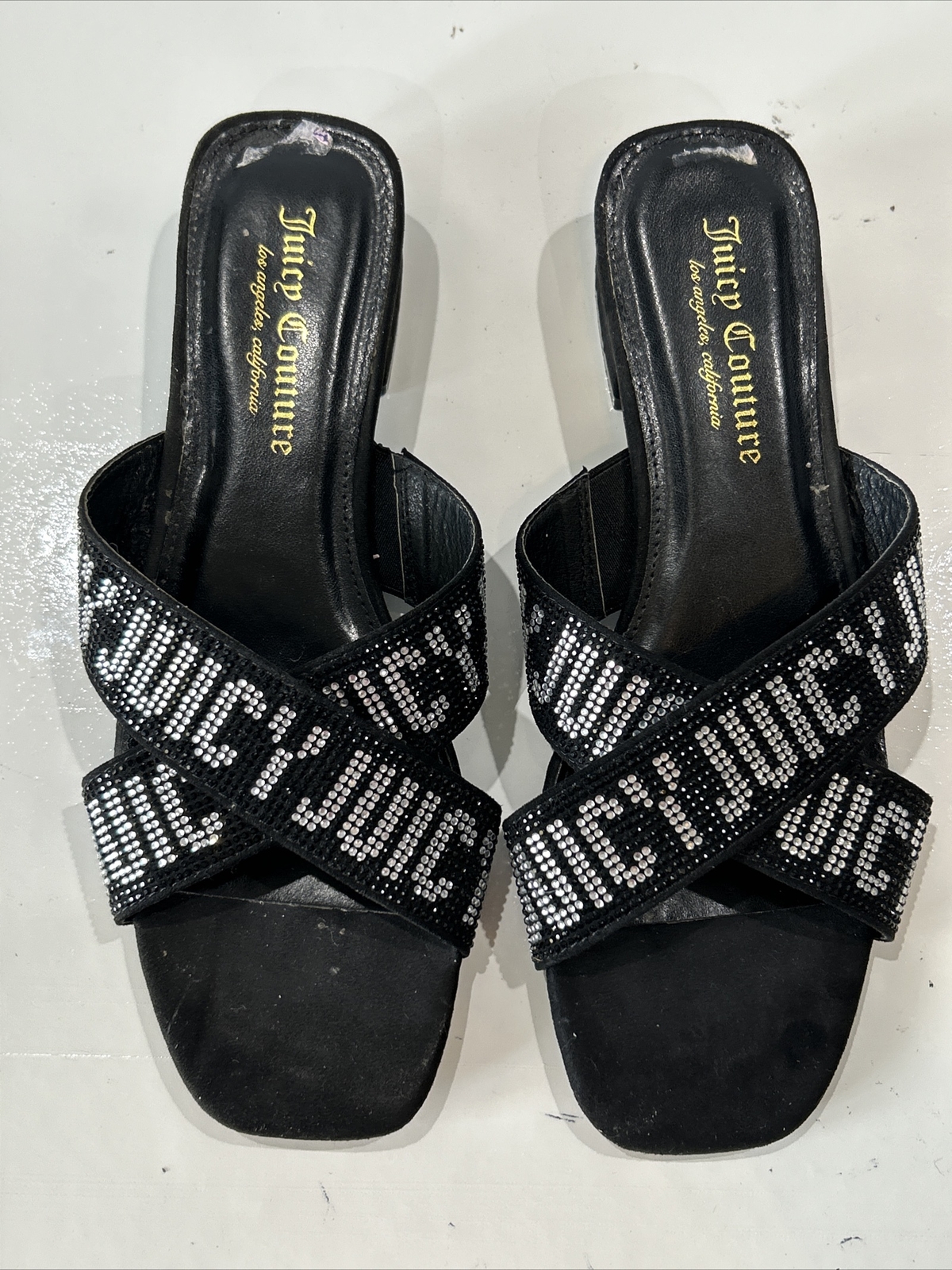 Juicy Couture 8.5 Crystal Logo Black Cross Over Sandals Bling Slip On Shoes