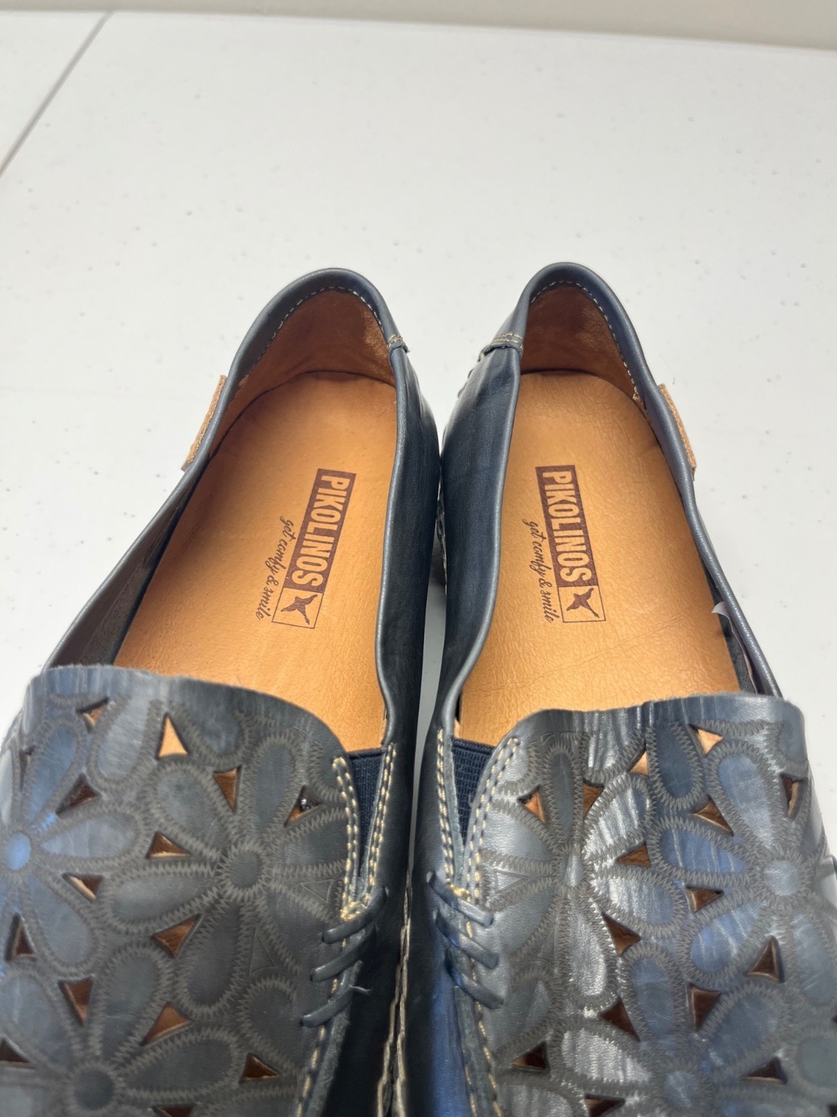 Pikolinos Jerez Loafers Leather Moccasins Slip On Floral Cut Outs Blue EU39 US8