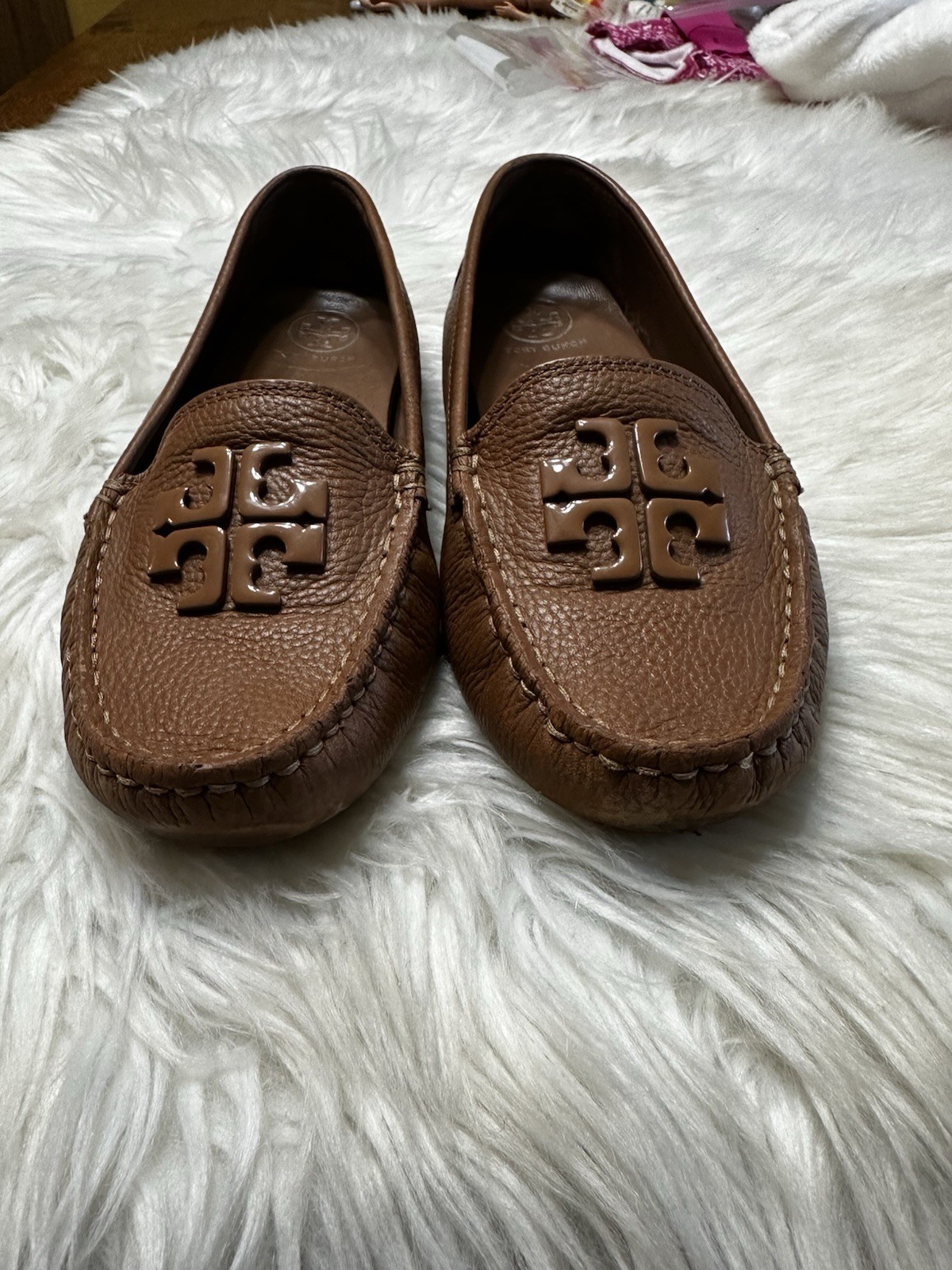 Tory Burch Everly Driver Tumbled Leather Brown Moon Size 7 M See Photos Logo
