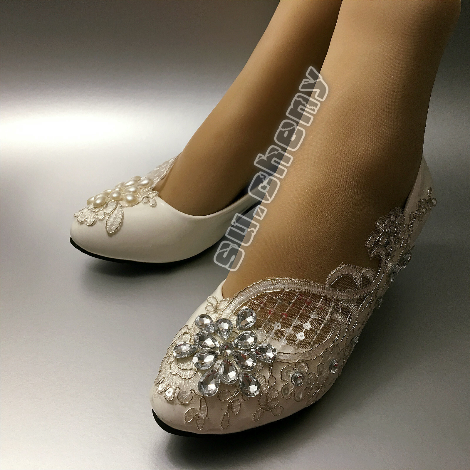 su.cheny- Lace white ivory crystal flats low high heel pump Wedding Bridal shoes