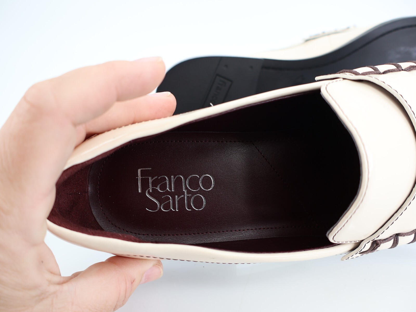 Franco Sarto Alonzo Penny Loafer Slip on Shoes Size 9 Beige Black Patent Vegan