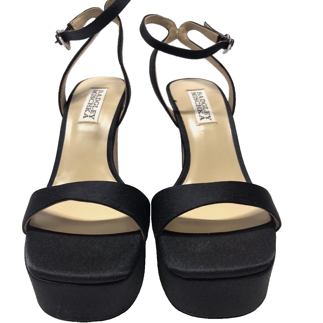 Badgley Mischka Caia Black Crepe Platform Sandals Embellished Heart NIB Size 11