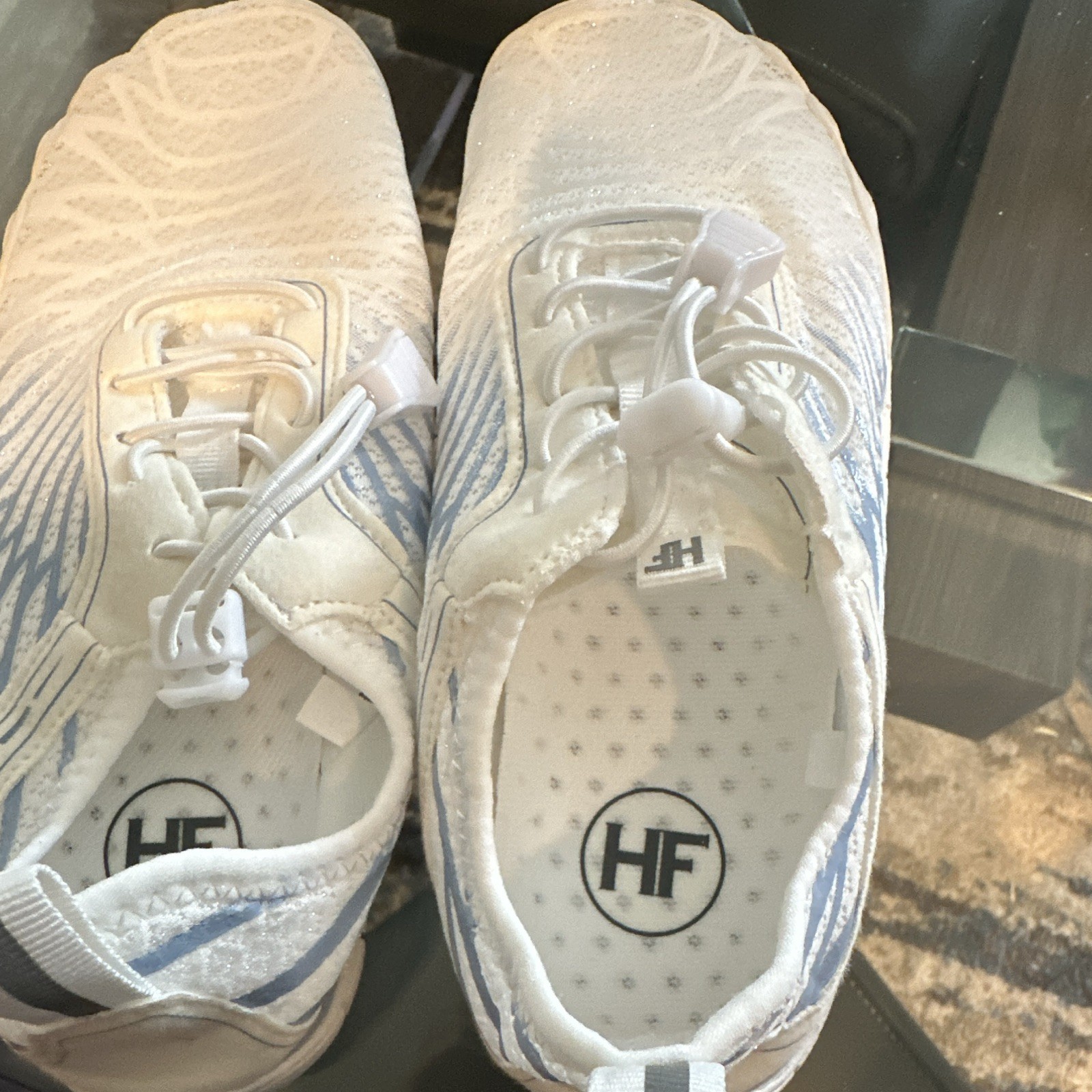 HF Women’s White/Blue Lace-Up Low Top Athletic Sneakers for Activewear Casual.