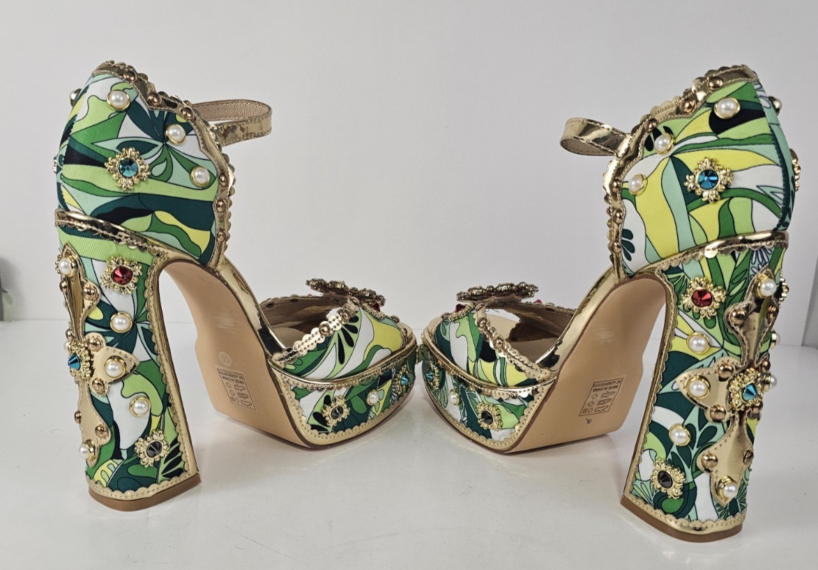 Retro 70s Style Rhinestone Pearl Embellished Platform Shoe Sandals S10 Jeweled