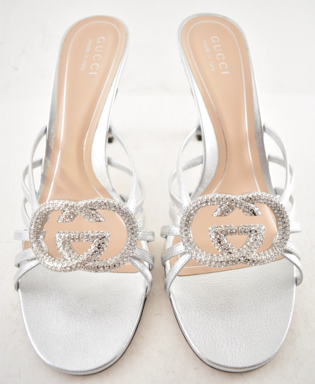 Gucci Interlocking G 85mm Silver Leather Crystal GG Logo Heel Mule Sandal 40
