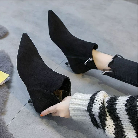 Women Ankle Boots Pointy Toe Fashion Kitten Heels Shoes Party Side Zipper Casual